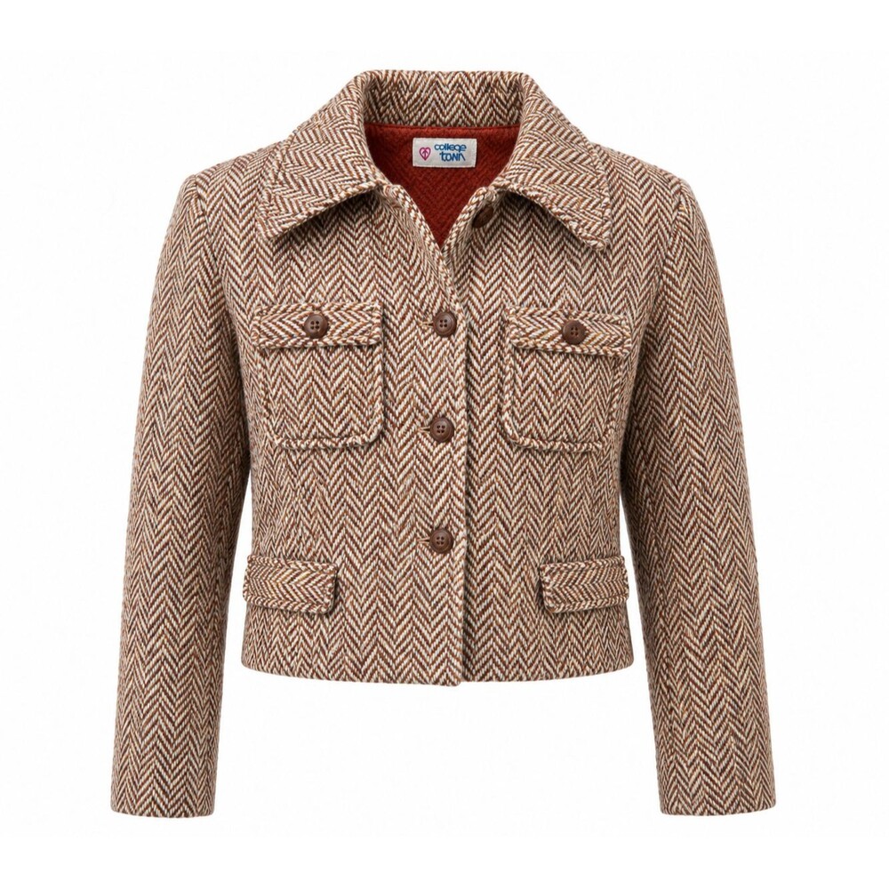 1970's Vintage College Town Herringbone Tweed Jacket – Cropped Wool Blend Blazer
